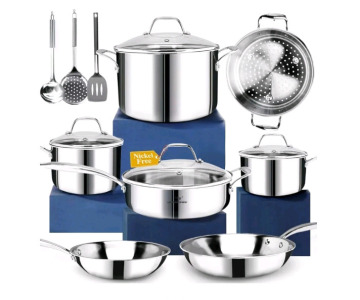 (1) HOMICHEF 14-Piece Nickel Free Stainless Steel Cookware Set Whole-Clad 3-Ply - Mirror Polished Pots & Pans Set