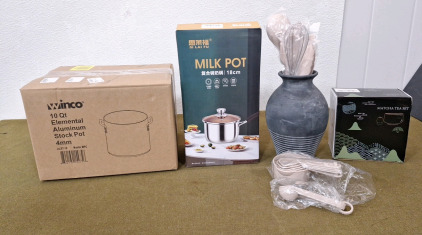 (1) 10-Qt Aluminum Stock Pot (1) 7" Stainless Steel Milk Pot, (1) 8-Piece Bakken Kitchen Utencil Set, (1) Matcha Tea Set & (1) Ceramic Vase, Black