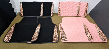 (2) 4-Piece Beiqitong Car Floor Mat Sets, (1) Black & Brown Leopard Print (1) Pink & Brown Leopard Print