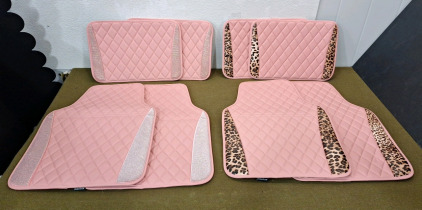 (2) 4-Piece Beiqitong Car Floor Mat Sets, (1) Pink & Silver Diamond, (1) Pink & Brown Leopard Print