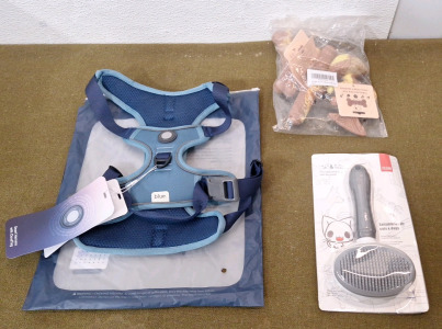 (1) Blue, Smart Harness W/Air Tag, XL, Heron Blue. (1) 3-Piece Dog Chew Toy Set & (1) Pet Brush