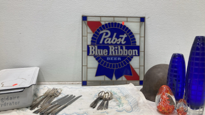 PBR Sign - Assorted Silverware - Glass - Antique War Helmet