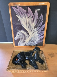 Pegasus Poster Laminated On Wood Slab - 19" x 23&frac12;" & Black Unicorn Statue - 13&frac12;" x 7&frac12;"