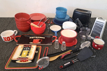 Toaster, Plates, Bowls, Trays, And Other Kitchen Supplies