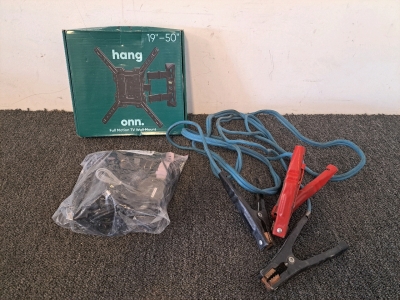 Fit Bit With Charger, Jumper Cables, TV Mount Parts, And Various Cords
