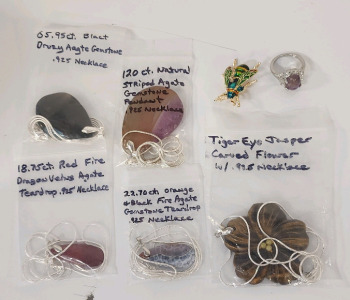 Tigers Eye And Jasper Carved Flower Pendant With .925 Necklace Chain, (4) Various Types Of Aagat Gemstone Necklaces, A Honey Bee Broach, And A Size 9 Amethyst Ring