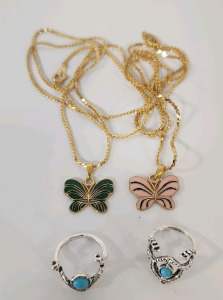 Pink Goes Good With Green! Pink And Green Butterfly Friendship Necklaces With Turquoise Rings!