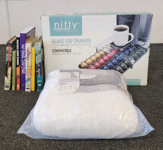 Nifty Glass Top Drawer For Nespresso Coffee Capsules, Figoo Recliner Chair Cover, And Some Books.