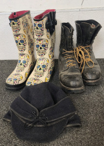 Sugar Skull Rain Boots, Red Wing Shoes Leather Work Boots, And A Schiffchen Hat
