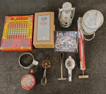 Antique Lot- Including Vintage Victorian Grace Porcelain Doll, Fin And Sawbuck Cigarette Board And More