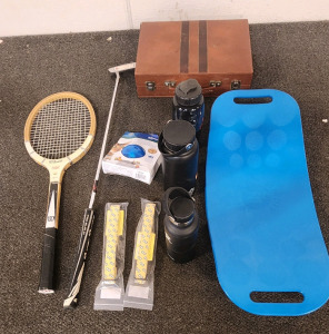 Vintage Wilson Tennis Racket, Brown Backgammon Set, PetSafe Slim Cat Feeding Ball, (2) Size Lg Dog Collars, Simply Fit Board, (2) Water Bottles, And A HydroFlask