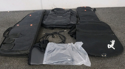 Fender Guitar Case with Cord, Black Rain Ordinance Rifle Case, Lol&euml; Backpack, And A Grass Collection Bag