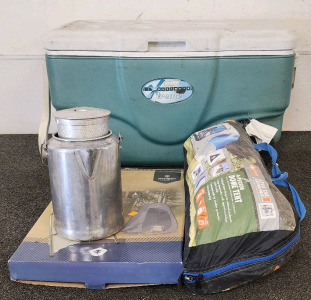 Campers Lot!- Including A Colemans Ultimate Xtreme Cooler, Ozark 4 Person Dome Tent, Stansport Portable Toilet, And A Camping Coffee Pot.