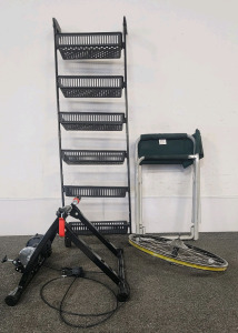 6 Tier Hangable Shelf, Foldable Chair, Bike Tire Frame, And A Sportneer Bike Trainer