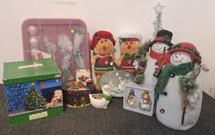 Christmas Decorations, Including Snowmen, Gingerbread Men, A Cookie Jar, and Tree Decorations