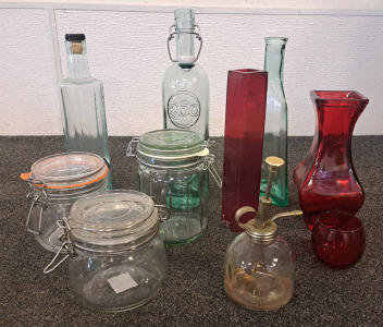 Antique Misting Bottle, Air Tight Jars, Red Vases, And Light Blue Bottles