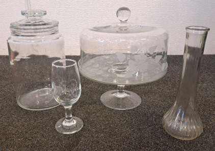 Glassware, Including a Vintage Etched Glass Cake Dome, Vase, and Apothecary Jar