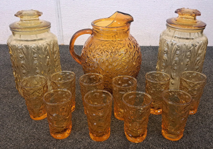 Vintage Milano Ball Amber Glass Pitcher With Cups and Vintage Amber Glass Canister Jars
