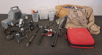 Fishing Gear Including Shakespeare, Fishing Machine, Adventure Pak, And an Assortment of Spinning Reels