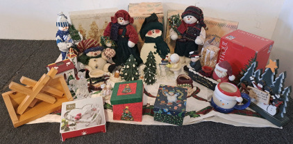 Christmas Decorations, Including A Nativity Set, Various Snowmen, Pieces For A Christmas Village, And More