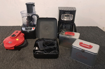 Great Conditon Kitchen Appliances, Including An Oster Food Processor, Cuisinart Coffee Maker, Black Decker Hand Mixer, Great American Cookie Collection, And An Xpress Redi Set Go