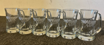 Six Clear Beer Beverage Glass Engraved Wing Nutz Paradise On Wings With Handles
