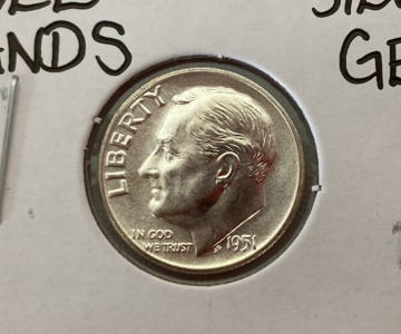 1951 Full Bands Silver Gem Dime