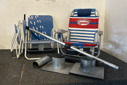 Canoe Paddle, 2 Folding Metal Blue Beach Chairs With Feet Walking In The Sand, Tommy Bahama Red White And Blue Stripe Deluxe Backpack Reclining Beach Chair, Wood-Burning Stove Black Stove Pipe Sections 90-Degree Angle, Shiny Metal Puddle Flanges, Cen-Tec