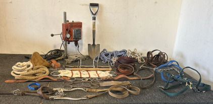 Benchtop Vintage Edison 1/2" Drill Press, Three Crockett Aluminum Curb Engraved Western Bridle Horse Bits, Chain End HorseTwitch Wood Handle, Montana Cincha Economy Western Cord Girth Style PL19W Size 28 White, McGuire-Nicholas Top Grain Cowhide Belt Lea
