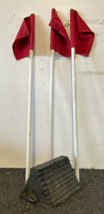 Black Rubber Sturdy Wedge Stop Vehicle's Wheels From Moving, PVC Pipes With Briliant Red Fabric Flags, And More