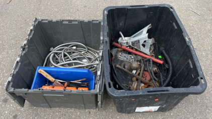 (2) Bins Of Tools Including Stainless Steel Braided Supply Lines, Trailer Hitch, Heavy Duty Jack Stand, Chains & More