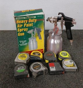 Assorted Tape Measures & Air Paint Spray Gun