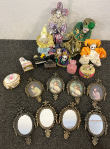 Porcelain Jester Dolls, Vintage Glass Knick Knacks, Mirror / Frames Made In Italy