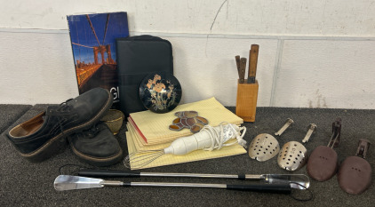 Premium Essential Medical Supply Long Handle 24in Shoehorn with Spring Flex End For Easier Shoe Removal, Unique Vintage Pair Of EKCO Metal Shoe Trees And Plastic Vintage Shoe Stretchers, Hamilton Beach White Plastic Handheld Blender, Mid-20th Century Vint