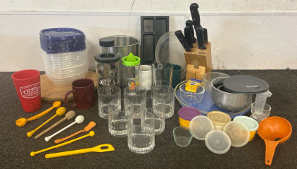 Vintage Old Fashioned Glasses 6-Pack, Honey Dipper Wand Drizzler, Tupperware 1667 Almond Replacement Dip Bowl With Lid And 2 Yellow Vintage Tupperware Containers With Lids, French Press Coffee Maker Clear Glass 34 oz, Cool Gear Citrus Juicer, 11 Soup & Sa