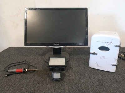 View Sonic Computer Monitor, Frigidaire Mini Fridge, Soldering Iron, and Outdoor Light