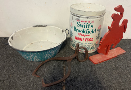 Vintage Porcelain Marble Design Wash Pan, Vintagw Swift's Brookfield Frozen Whole Eggs Tin Can, Ice Tongs & Metal Cowboy Paperweight