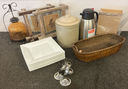 Large Black Tote & Home Items Including Vintage Pickling Crock, Serving Plates, Carafe, Framed Bird Photos & More Home Decor