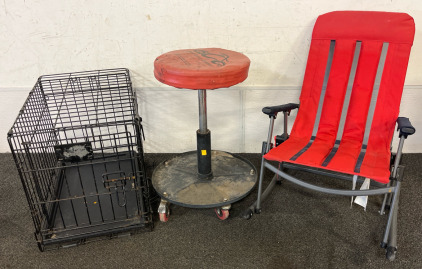 Folding Rocking Beach Chair, Orange County Choppers Work Stool & Small Pet Crate