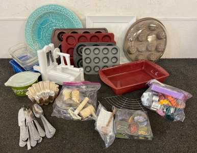 Large Black Tote & Kitchen Items Including Platters, Baking Pans, Cookie Cutters & More