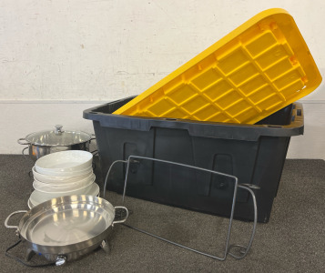 Portable Electric Cooktop, Large Pot, Serving Platter Holders, Plates, Bowls & Large Black Tote