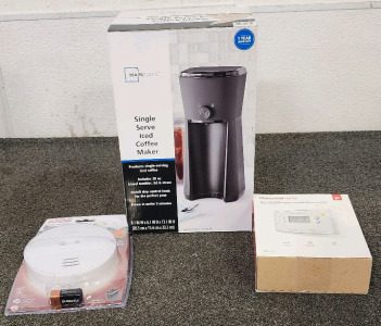 MainStays Single Serve Iced Coffee Maker, Honeywell Home RTH221B Programmable Thermostat, And Kidde Battery Operated Smoke Alarm