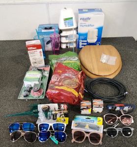 Equate Ultrasonic Humidifier, Hyper Tough Bed And Bath Door Knob, Wooden Toulet Seat, Tumbler Cups, Sunglasses, Toilet Fill Valve And Flapper, And More!