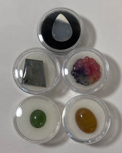 (5) Polished Gemstones Including Rainbow Solar Quarts, Natural Serpentine, And More