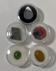 (5) Polished Gemstones Including Rainbow Solar Quarts, Natural Serpentine, And More
