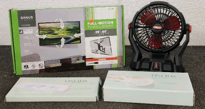 Sanus Viewpoint Full Motion TV Wall Mount, Hyper Tough 20V Max 7.5 Inch Job Site Fan, And Oneida Entertain Hors Doeuvre Tray And Platter