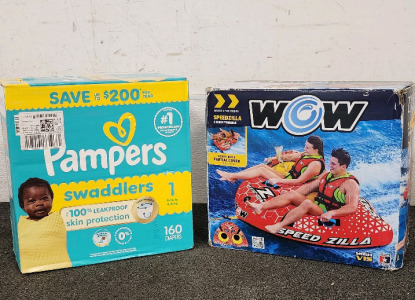 WOW Speedzilla 2 Rider Towable Inflatable, And A Box Of Pampers Size 1 Swaddlers Diapers!
