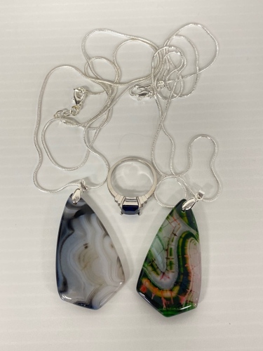 (2) Agate Necklaces and Blue Sapphire Ring Size 8.5