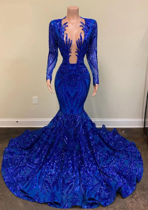 Long Sleeve Shiny Sequined Long Train Mermaid Prom Shower Party Evening Dress Celebrity Pageant Gown Royal Blue