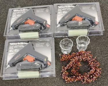 (3) Workline Deluxe Trigger Feed Hot Melt Glue Guns, Glass Candle Holders, And A String Of Garland.